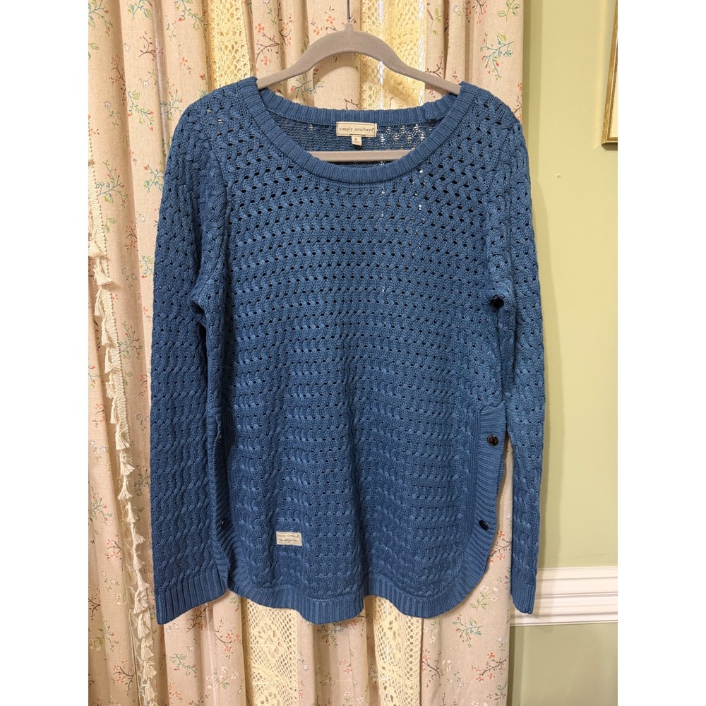 Simply Southern Open Knit Sweater Small Blue Side Button Coastal Pullover